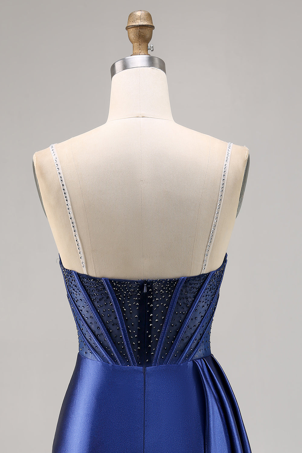 Sparkly Navy Satin Beaded Corset Short Cocktail Dress with Sash