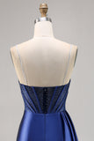 Sparkly Navy Satin Beaded Corset Short Cocktail Dress with Sash