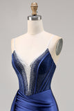 Sparkly Navy Satin Beaded Corset Short Cocktail Dress with Sash