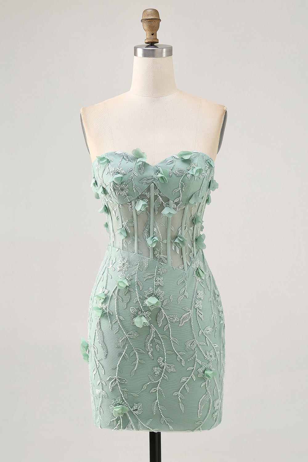 Sparkly Sage Bodycon Appliqued Corset Mini Cocktail Dress