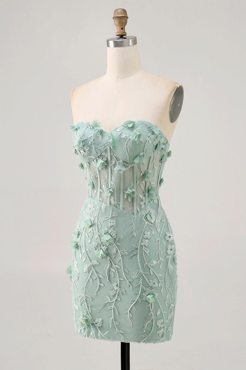 Sparkly Sage Bodycon Appliqued Corset Mini Cocktail Dress