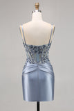 Sparkly Grey Blue Bodycon Corset Appliqued Mini Cocktail Dress