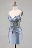 Sparkly Grey Blue Bodycon Corset Appliqued Mini Cocktail Dress