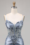 Sparkly Grey Blue Bodycon Corset Appliqued Mini Cocktail Dress