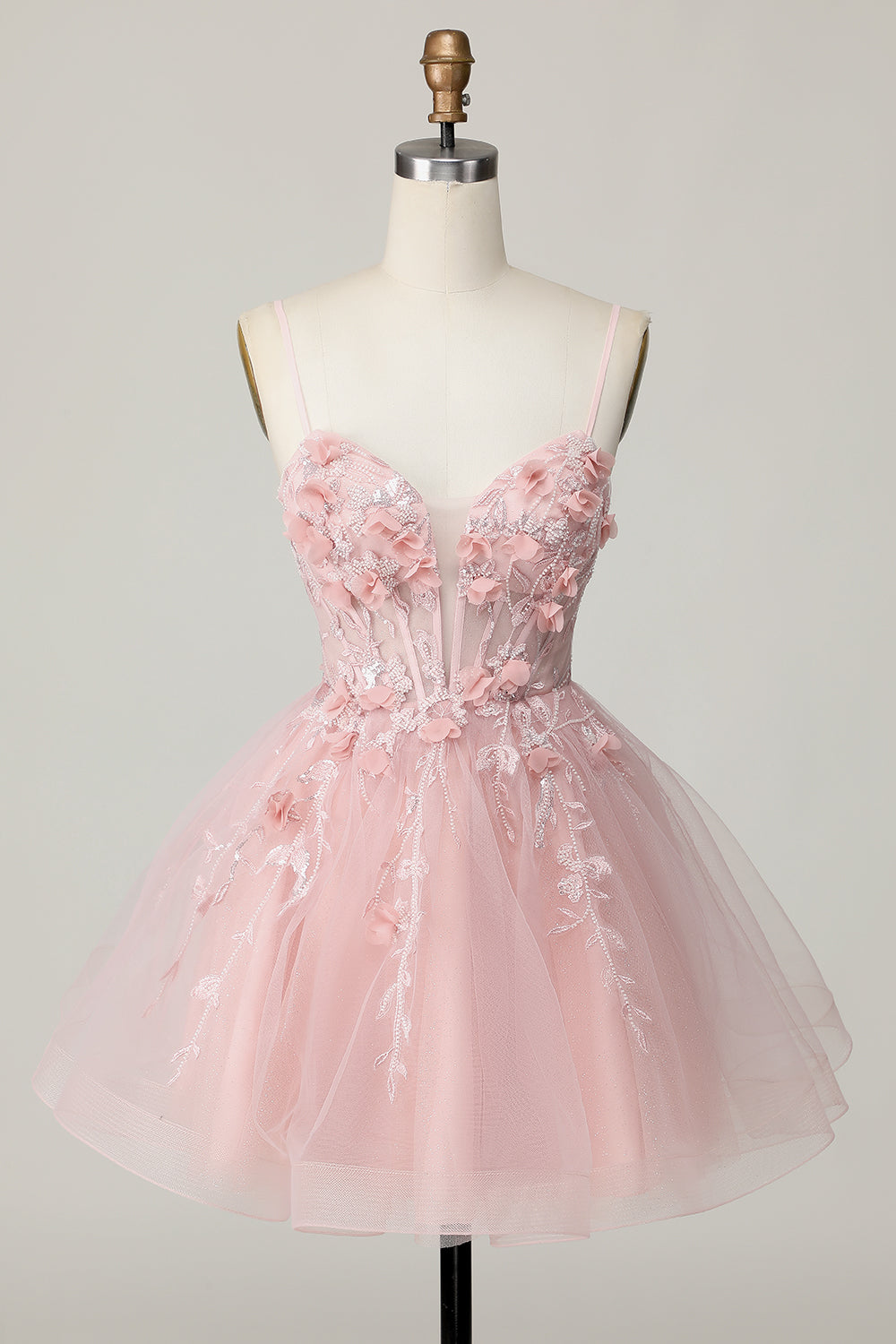 Sparkly Pink Corset Floral A Line Short Cocktail Dress