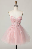 Sparkly Pink Corset Floral A Line Short Cocktail Dress
