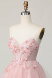 Sparkly Pink Corset Floral A Line Short Cocktail Dress
