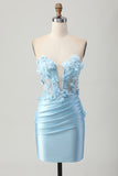 Sparkly Sky Blue Satin Bodycon Strapless Short Corset Cocktail Dress with Appliques