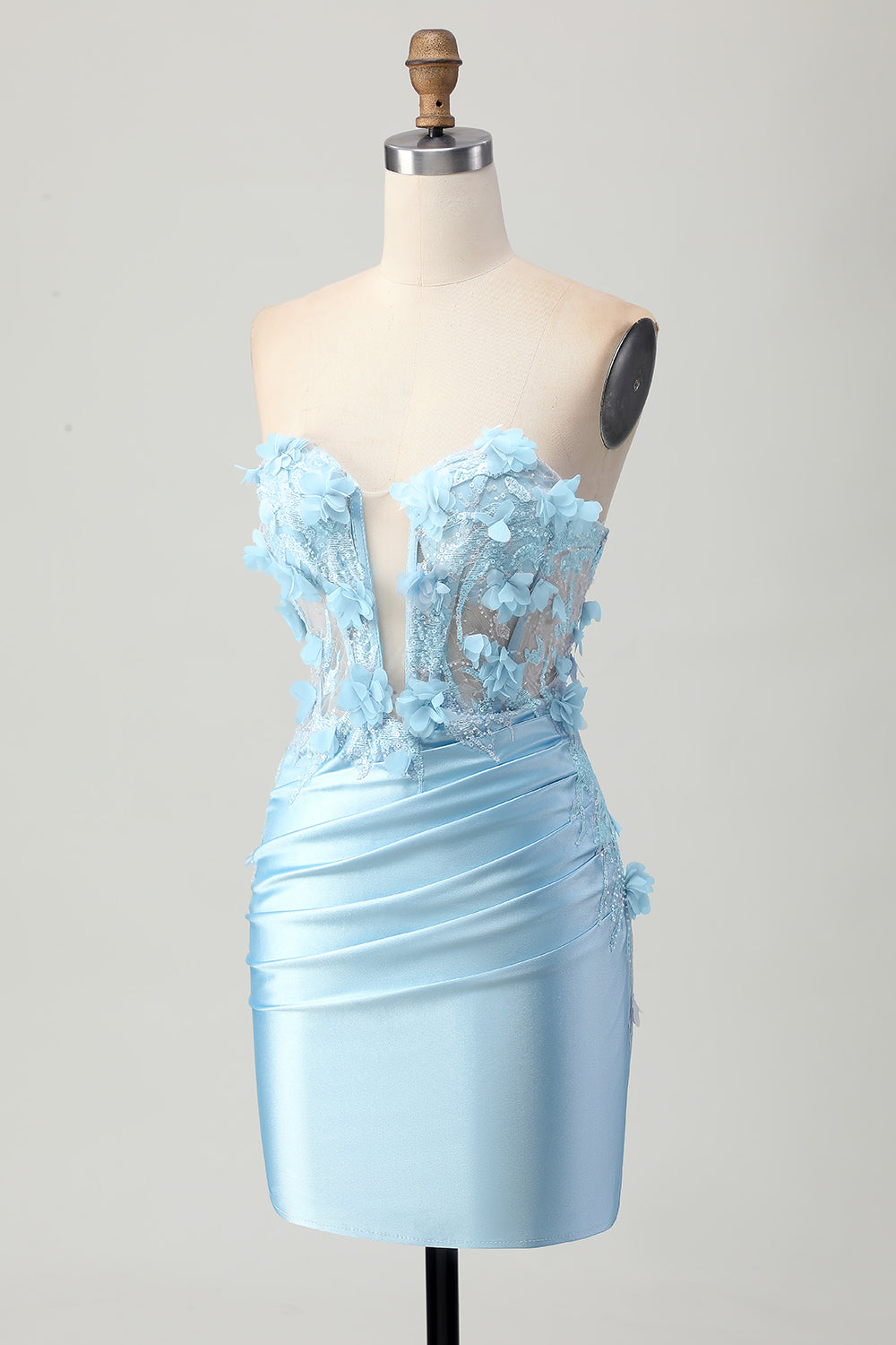 Sparkly Sky Blue Satin Bodycon Strapless Short Corset Cocktail Dress with Appliques