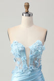 Sparkly Sky Blue Satin Bodycon Strapless Short Corset Cocktail Dress with Appliques