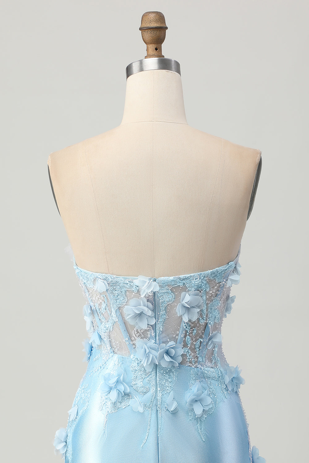 Sparkly Sky Blue Satin Bodycon Strapless Short Corset Cocktail Dress with Appliques