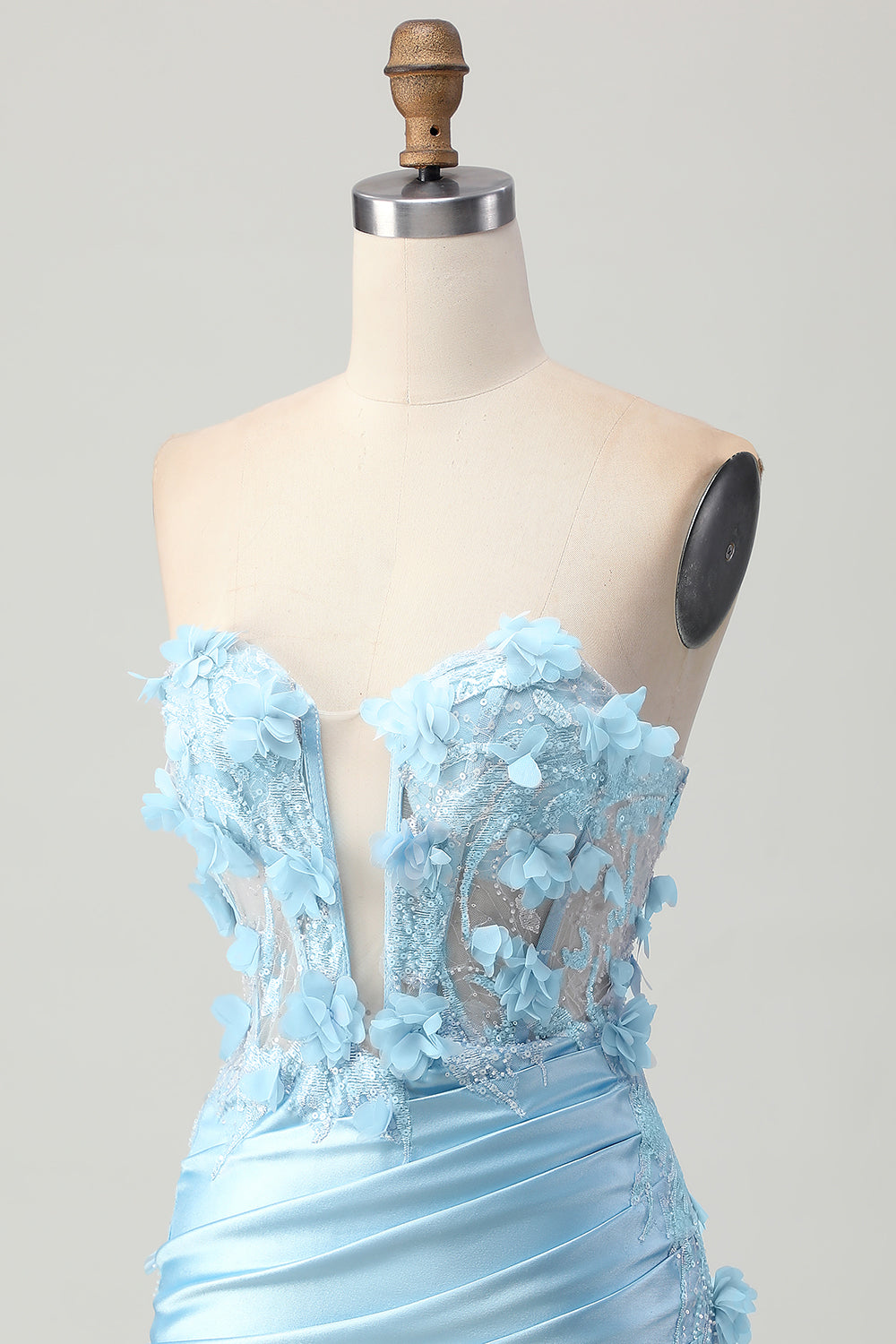 Sparkly Sky Blue Satin Bodycon Strapless Short Corset Cocktail Dress with Appliques