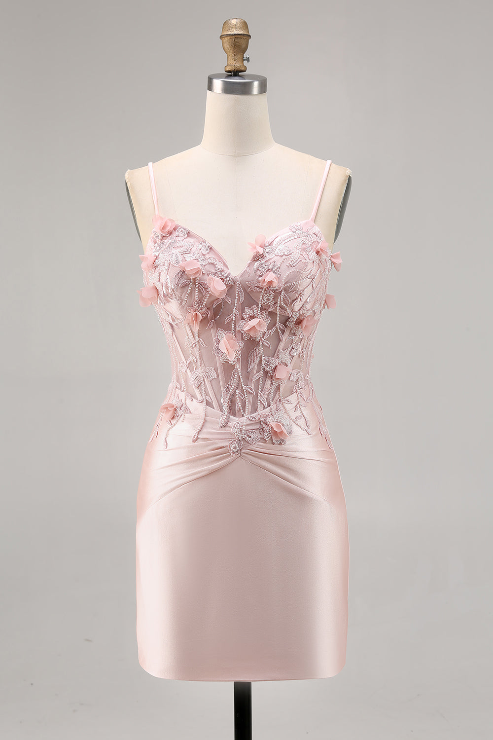 Sparkly Pink Satin Corset Bodycon Floral Mini Cocktail Dress