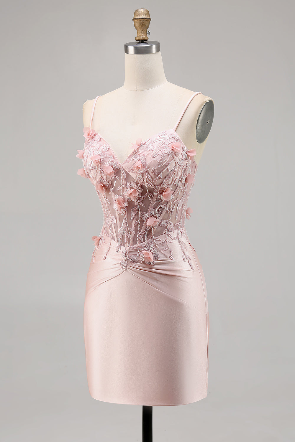 Sparkly Pink Satin Corset Bodycon Floral Mini Cocktail Dress