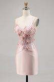 Sparkly Pink Satin Corset Bodycon Floral Mini Cocktail Dress