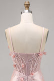Sparkly Pink Satin Corset Bodycon Floral Mini Cocktail Dress