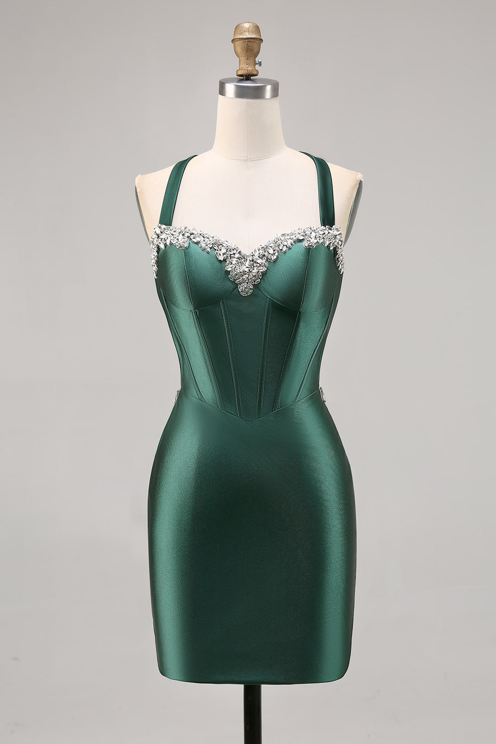 Sparkly Dark Green Satin Corset Short Cocktail Dress