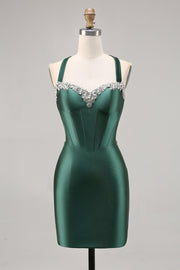 Sparkly Dark Green Satin Corset Short Cocktail Dress