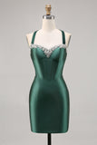 Sparkly Dark Green Satin Corset Short Cocktail Dress