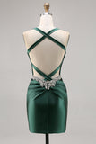 Sparkly Dark Green Satin Corset Short Cocktail Dress