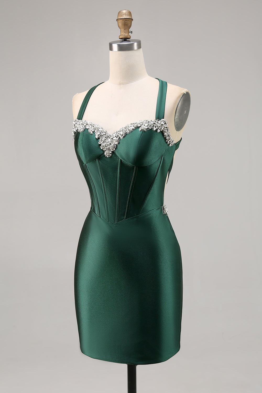 Sparkly Dark Green Satin Corset Short Cocktail Dress