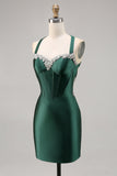 Sparkly Dark Green Satin Corset Short Cocktail Dress