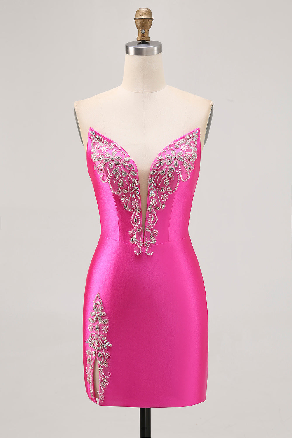 Sparkly Fuchsia Strapless Beaded Bodycon Short Cocktail Dress with Slit