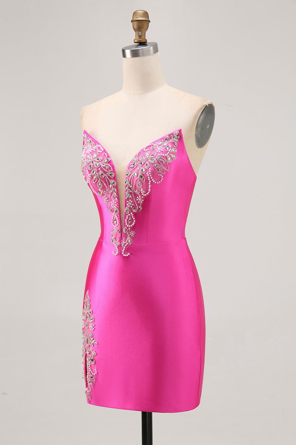 Sparkly Fuchsia Strapless Beaded Bodycon Short Cocktail Dress with Slit
