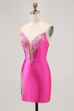 Sparkly Fuchsia Strapless Beaded Bodycon Short Cocktail Dress with Slit