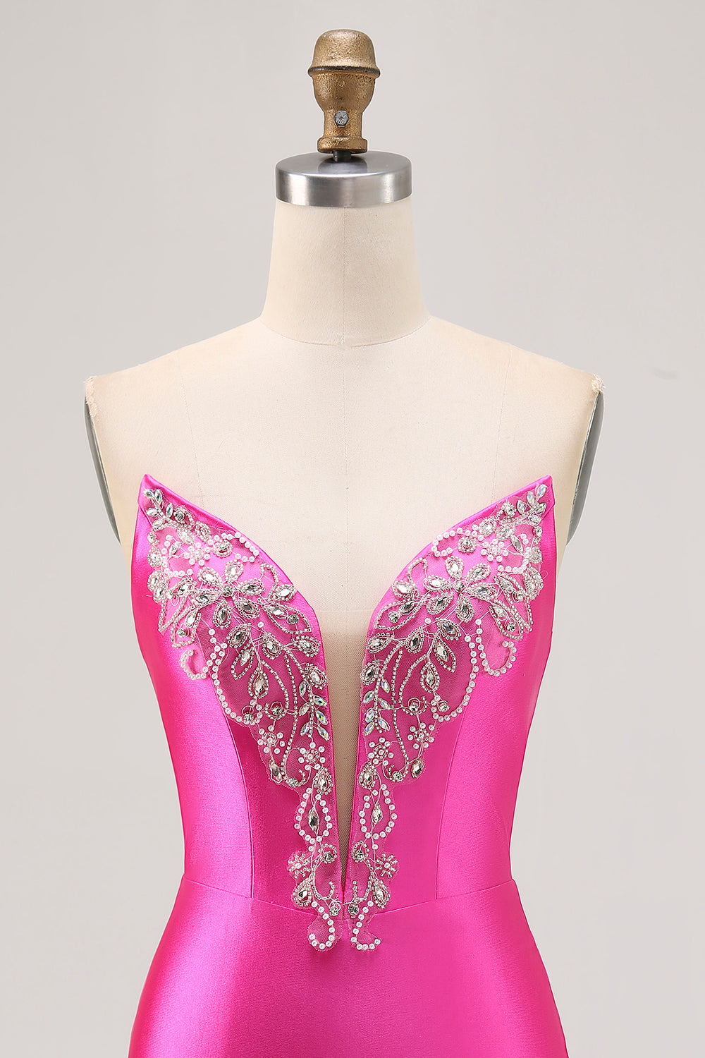 Sparkly Fuchsia Strapless Beaded Bodycon Short Cocktail Dress with Slit