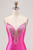 Sparkly Fuchsia Strapless Beaded Bodycon Short Cocktail Dress with Slit