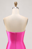 Sparkly Fuchsia Strapless Beaded Bodycon Short Cocktail Dress with Slit