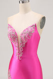 Sparkly Fuchsia Strapless Beaded Bodycon Short Cocktail Dress with Slit