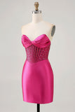 Sparkly Fuchsia Corset Bodycon Short Cocktail Dress with Beading