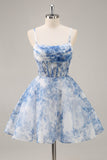 A Line White Blue Flower Corset Printed Homecoming Dress