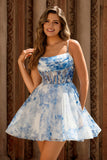 A Line White Blue Flower Corset Printed Homecoming Dress