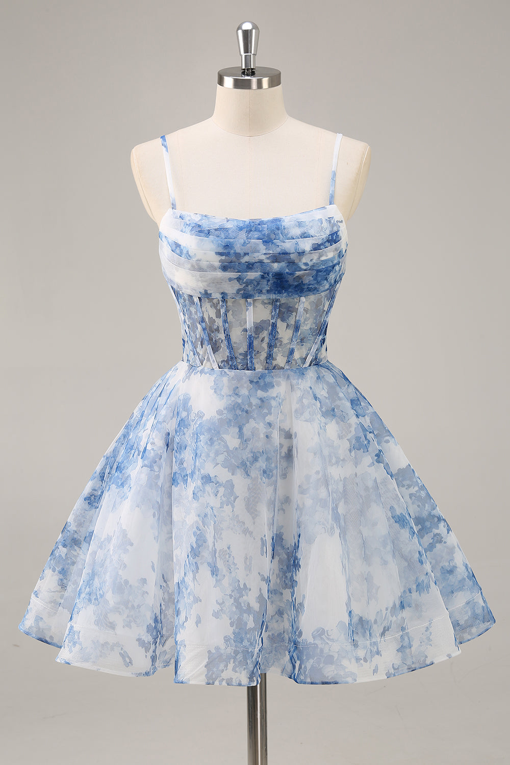 White Blue Flower A Line Corset Ruched Homecoming Dress