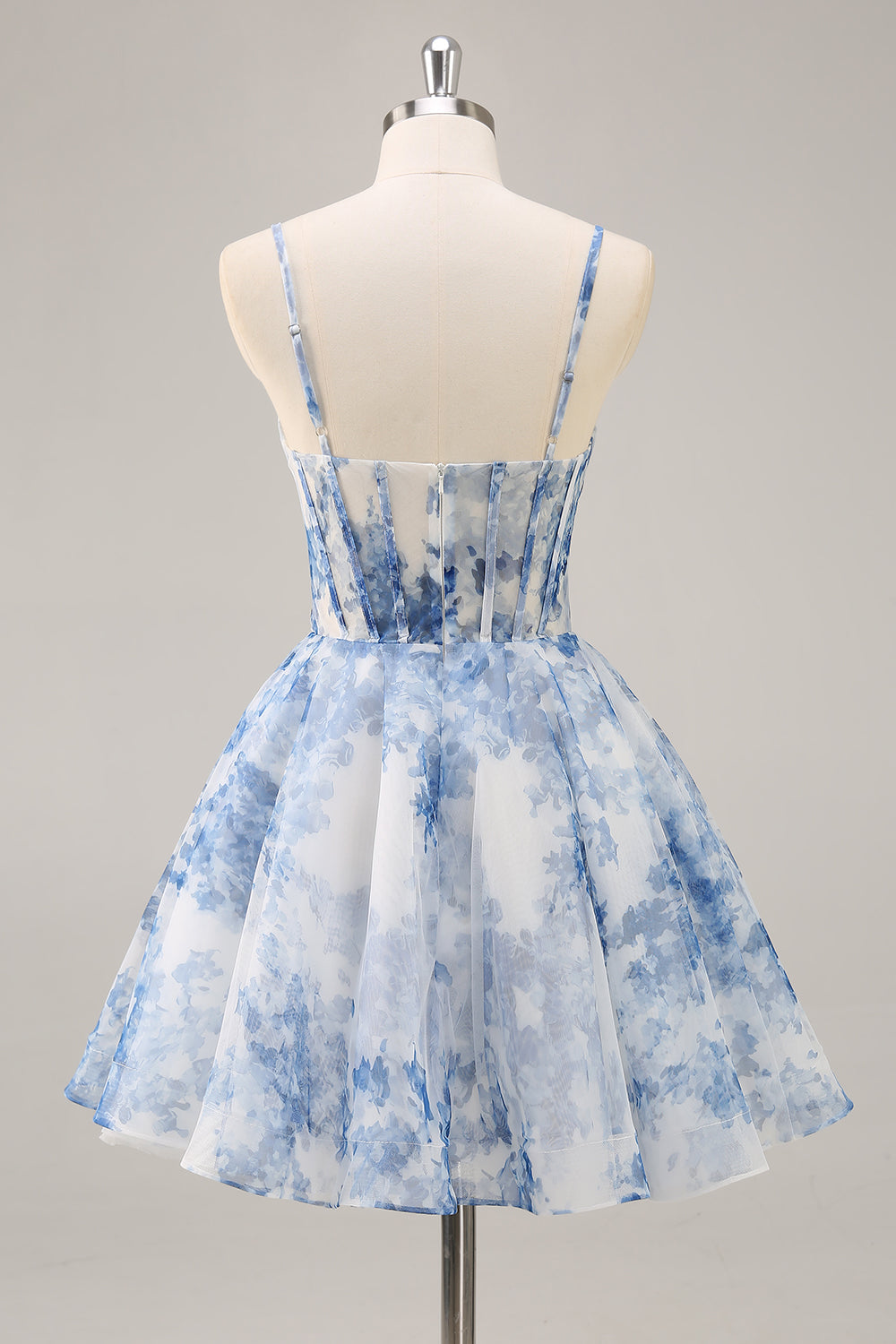 White Blue Flower A Line Corset Ruched Homecoming Dress