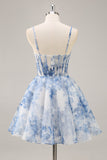 A Line White Blue Flower Corset Printed Homecoming Dress