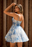 A Line White Blue Flower Corset Printed Homecoming Dress
