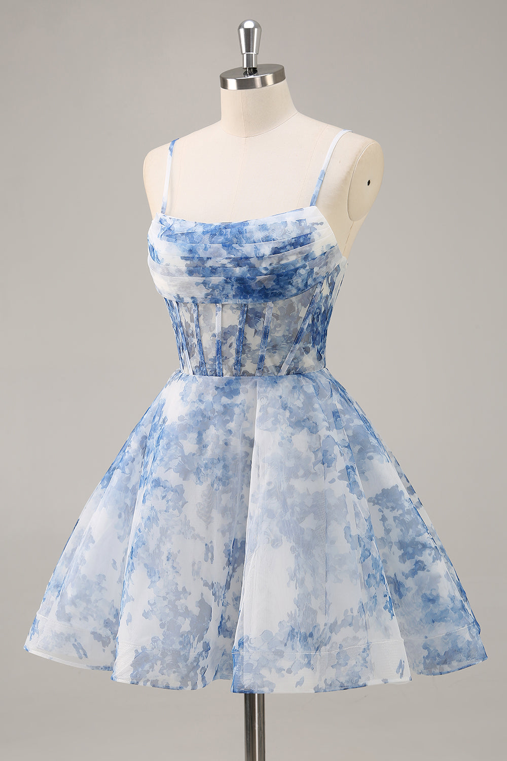 White Blue Flower A Line Corset Ruched Homecoming Dress