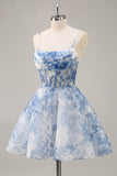 White Blue Flower A Line Corset Ruched Homecoming Dress