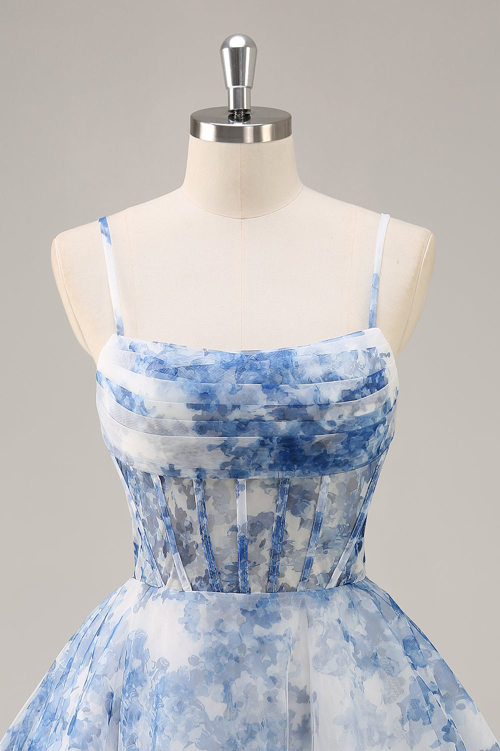 White Blue Flower A Line Corset Ruched Homecoming Dress
