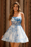 A Line White Blue Flower Corset Printed Homecoming Dress