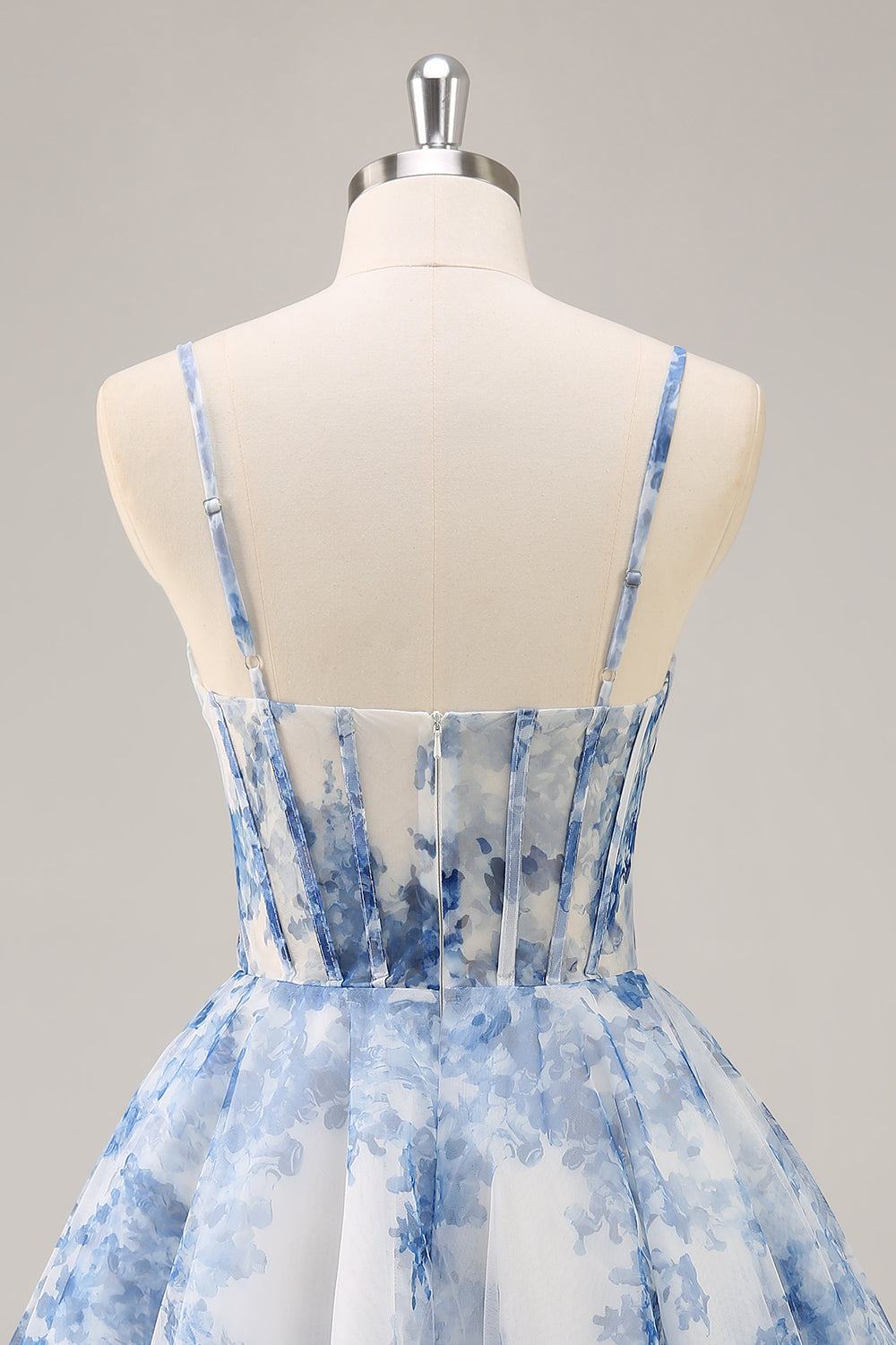White Blue Flower A Line Corset Ruched Homecoming Dress