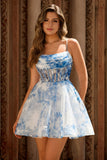 A Line White Blue Flower Corset Printed Homecoming Dress