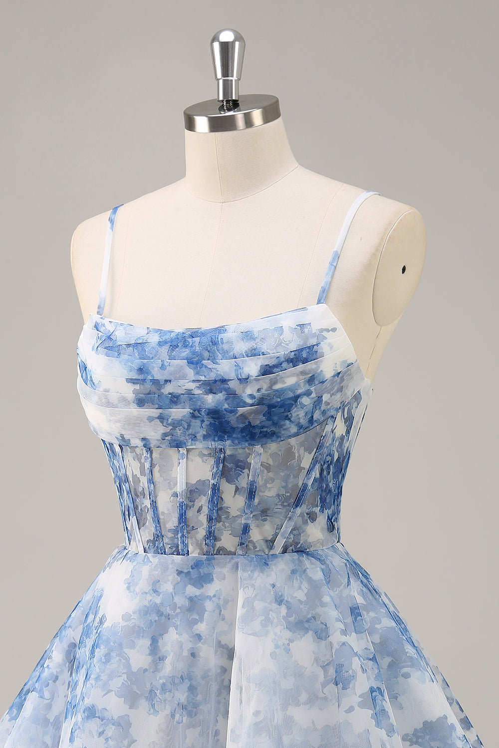 White Blue Flower A Line Corset Ruched Homecoming Dress