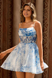 A Line White Blue Flower Corset Printed Homecoming Dress