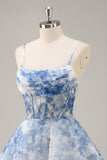 White Blue Flower A Line Corset Ruched Homecoming Dress