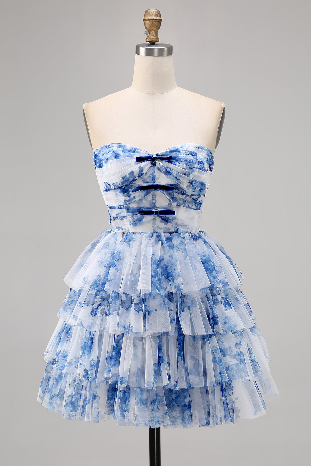 Strapless Tiered White Blue Flower Homecoming Dress with Lace Up Back